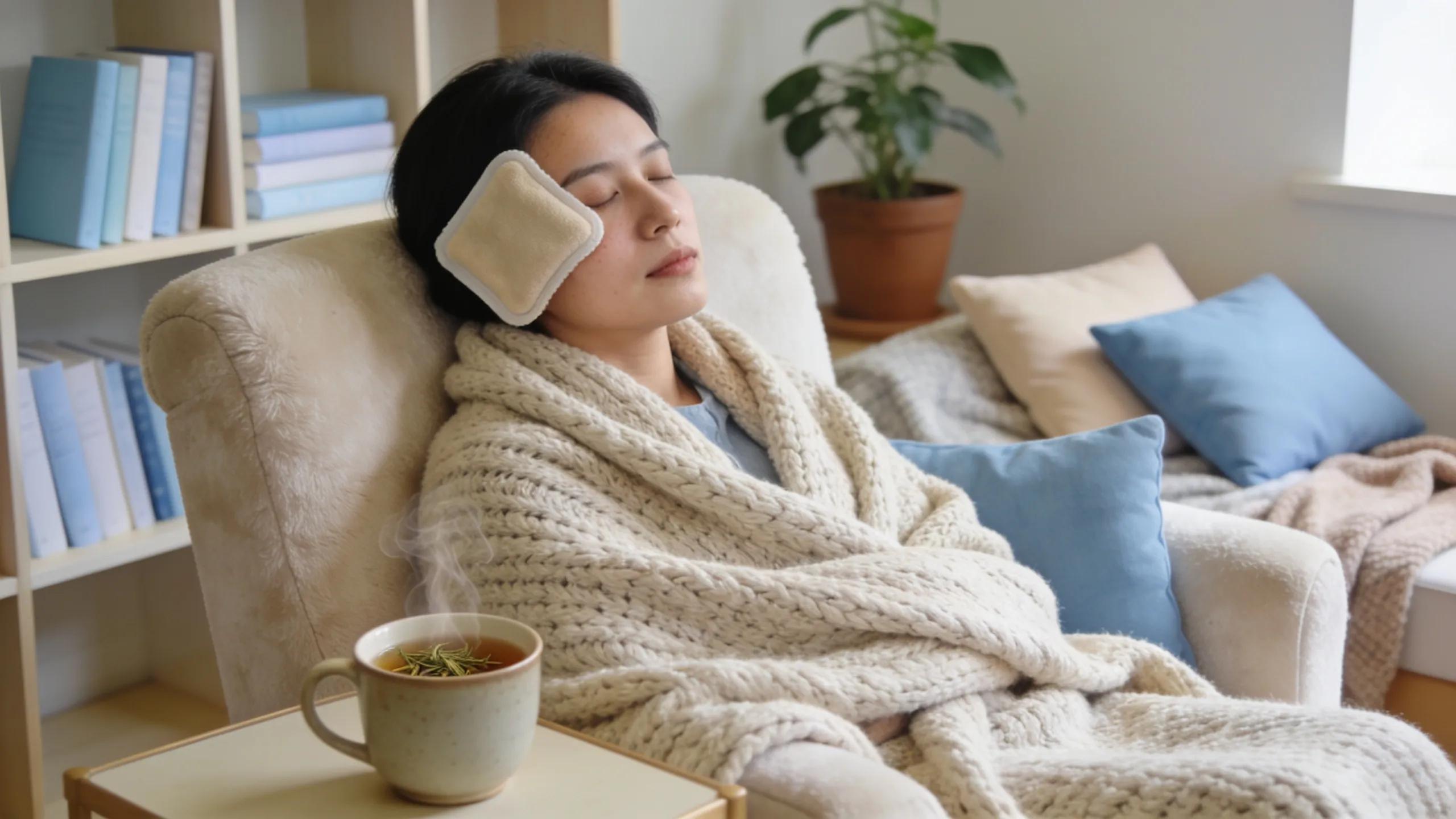 Patient recovering at home after root canal therapy with a warm compress