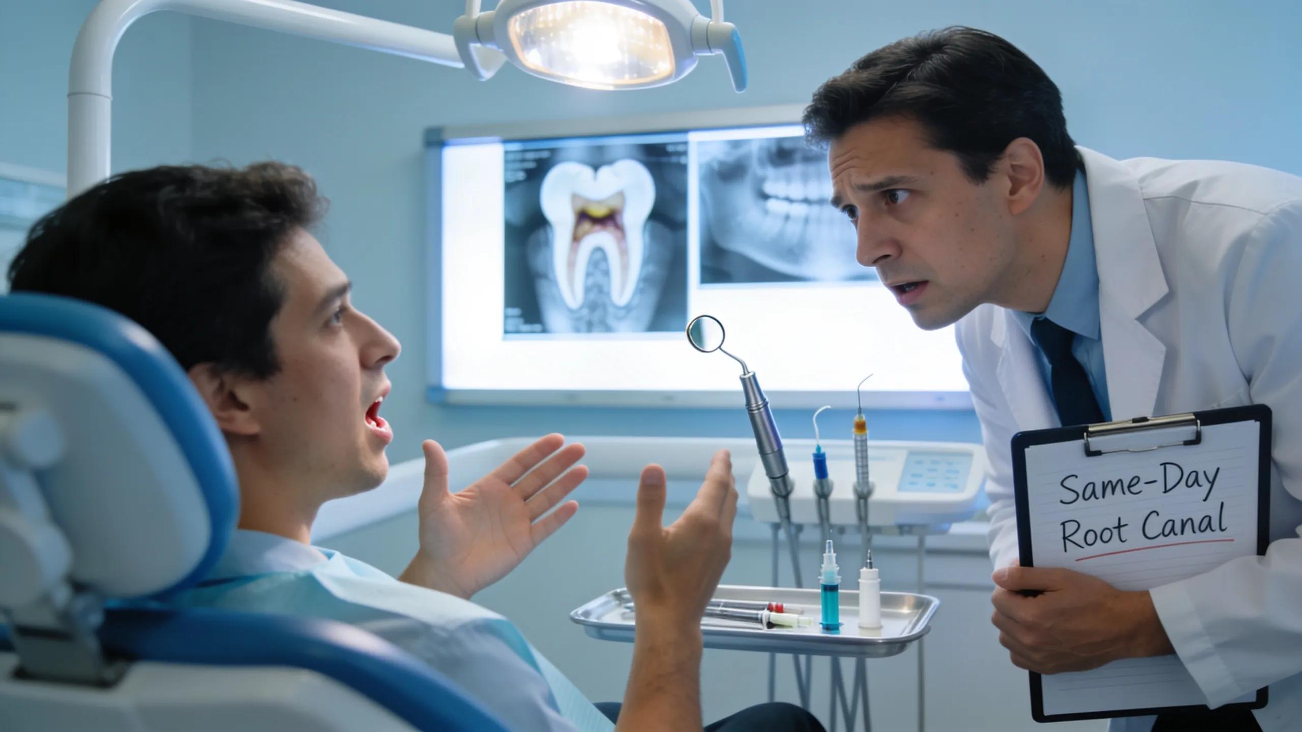 Patient consultation with an endodontist for urgent same-day root canal treatment