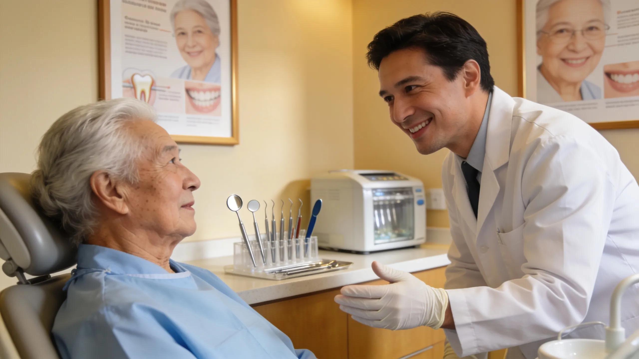 Engaging dental consultation scene with elderly patient and caring dentist, highlighting senior dental care