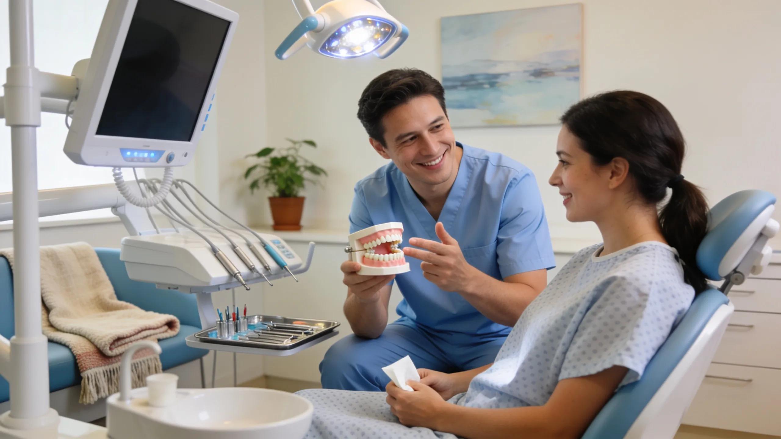 Endodontist performing a root canal procedure with advanced dental tools in a professional setting