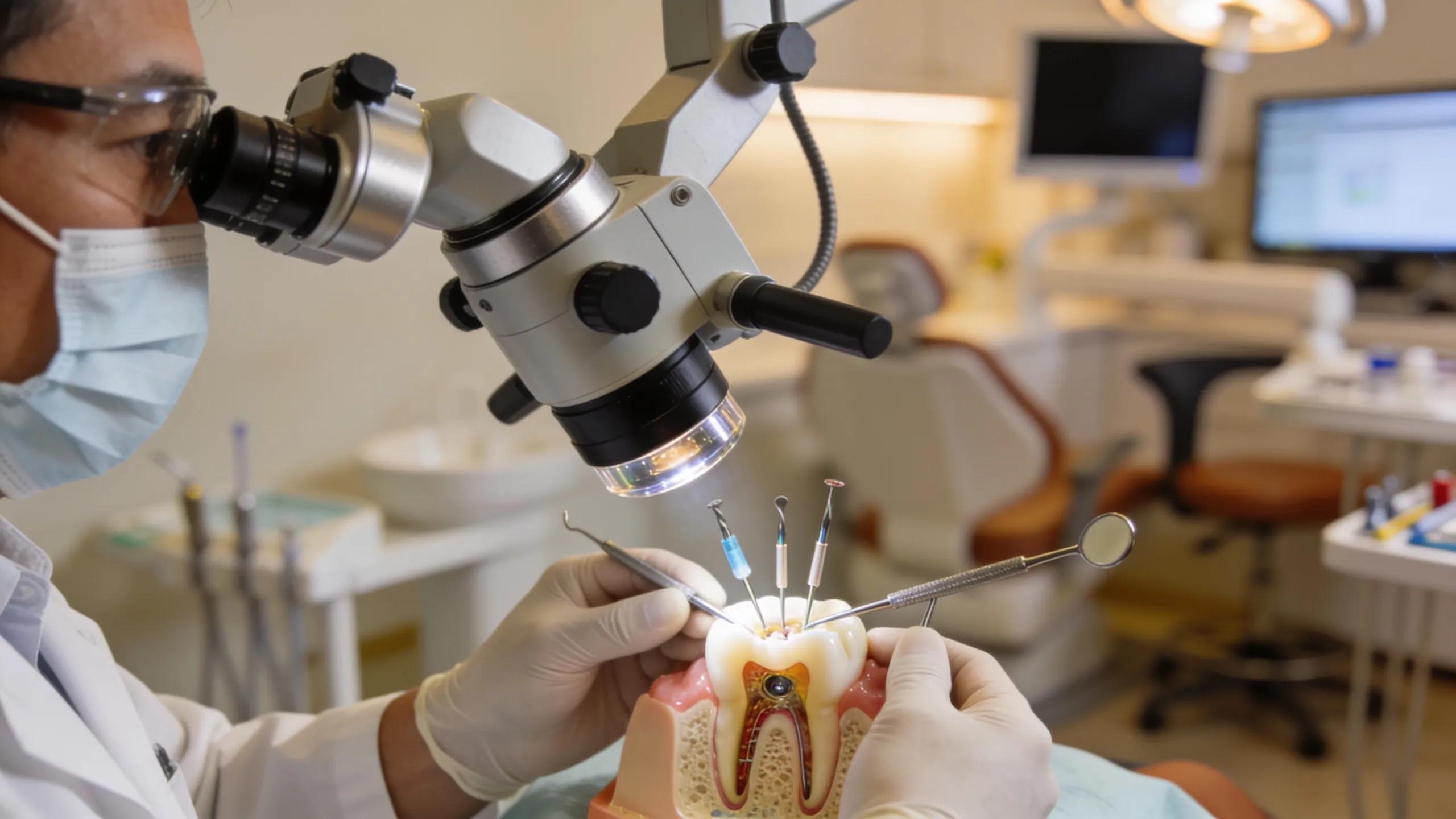 Dentist using a microscope during an advanced root canal treatment