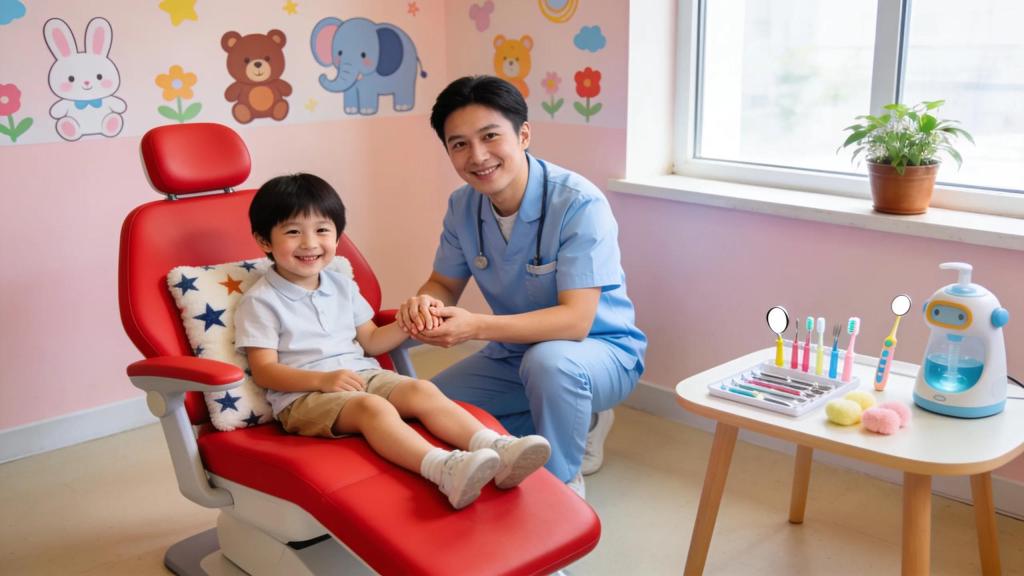 Pediatric dentist engaging with a child in a cheerful dental office setting