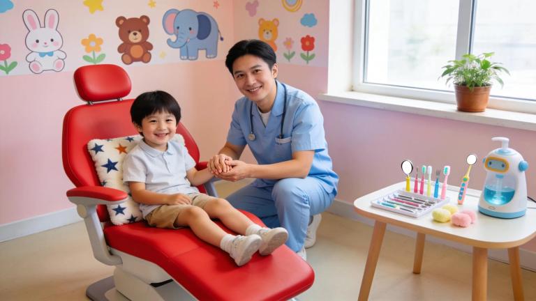 Pediatric dentist engaging with a child in a cheerful dental office setting