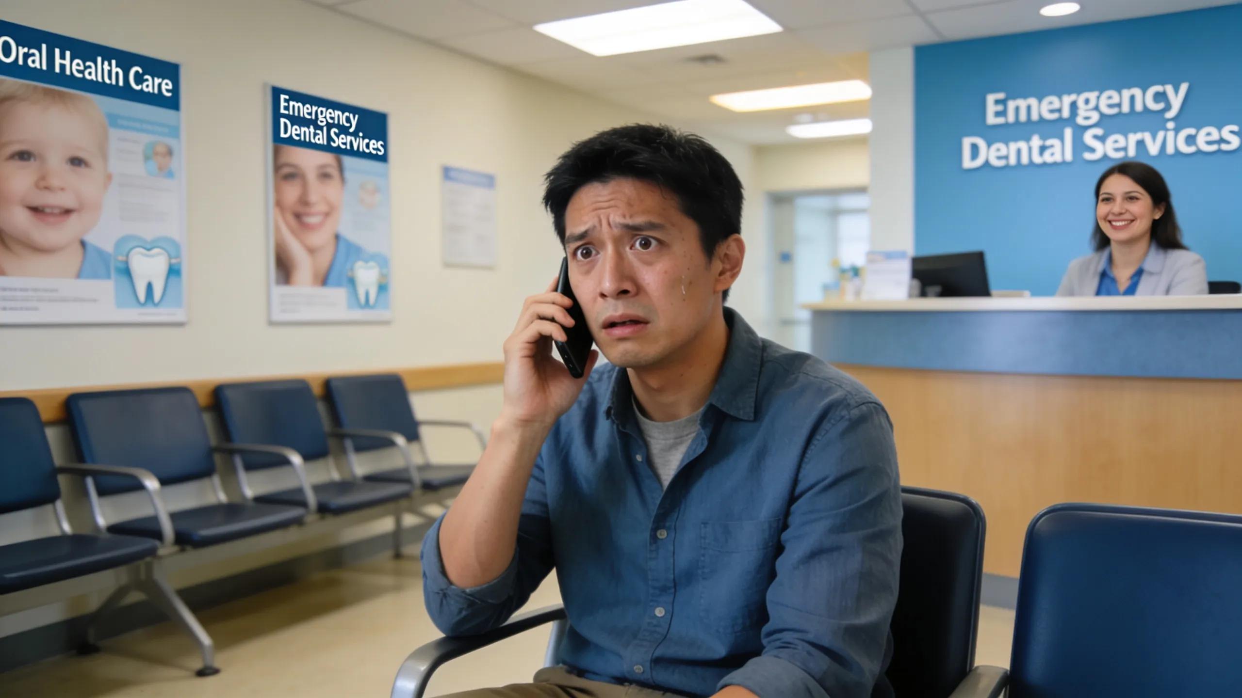 Patient on the phone scheduling an emergency dental appointment in a welcoming dental clinic