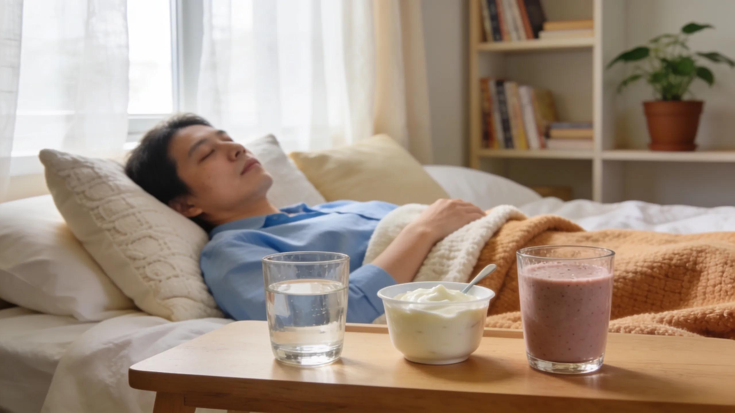 Patient resting at home after root canal treatment, surrounded by soft foods and a comforting environment
