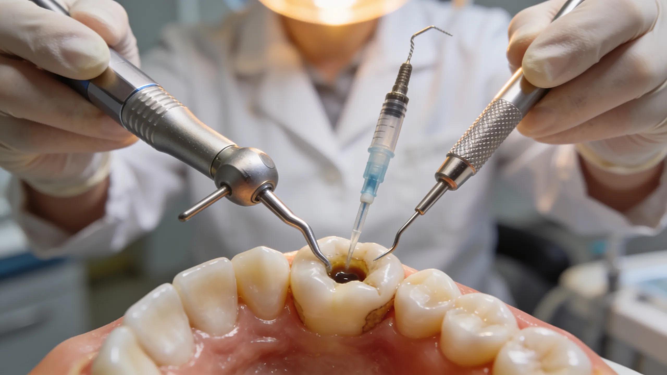 Dental hygienist performing cleaning during a root canal procedure, highlighting dental tools