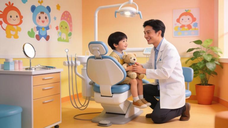 Family-friendly dental care setting with a dentist engaging with a child patient in a bright office