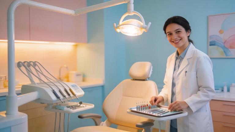 Dental office with a dentist ready for root canal treatment in a comfortable and welcoming environment
