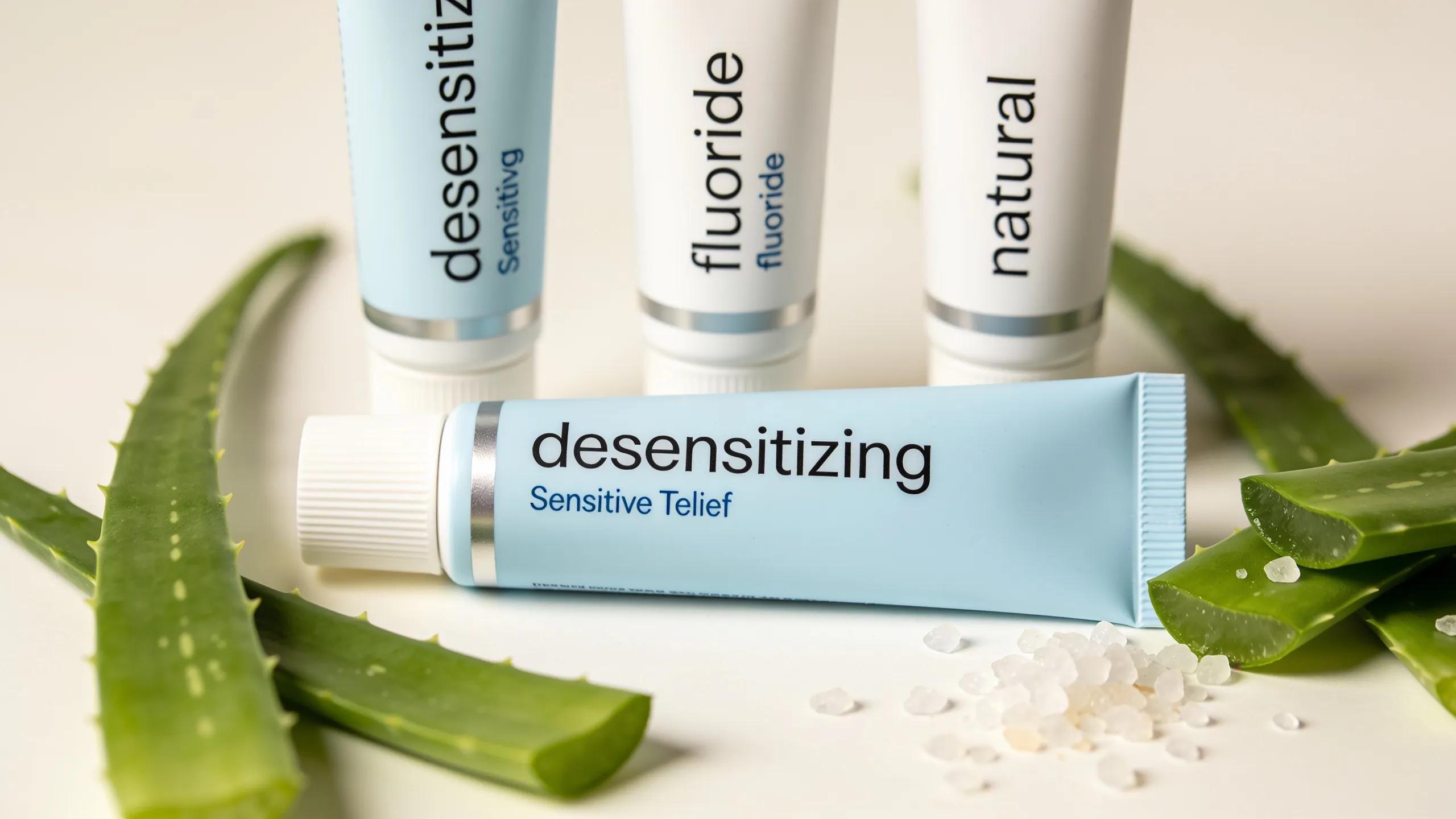Variety of sensitive toothpastes with key ingredients like aloe vera and potassium nitrate