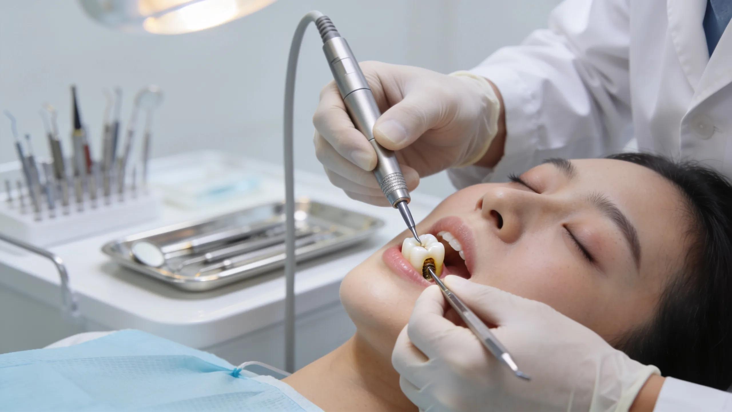 Dentist performing root canal treatment with focus on dental tools and patient comfort