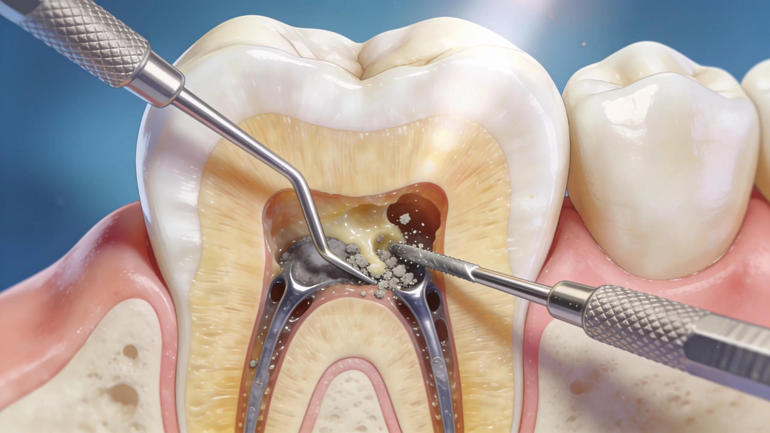 Close-up of a tooth undergoing root canal treatment, showing the removal of infected pulp and cleaning process