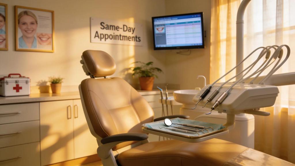 Dental office with welcoming atmosphere and tools, emphasizing emergency teeth care