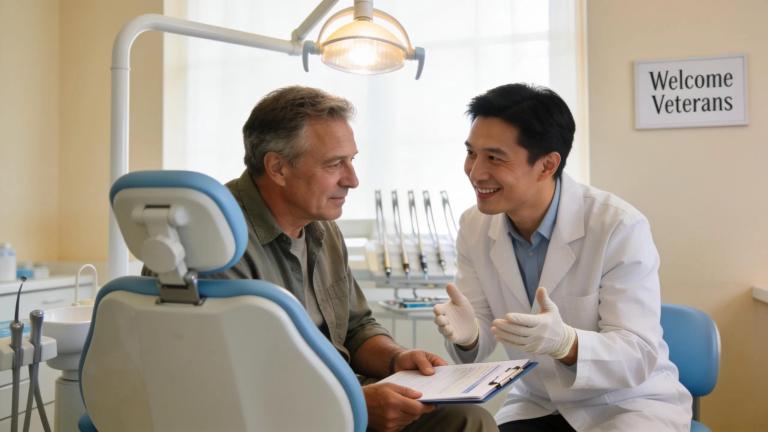 Veteran consulting with a dental professional about dental implants