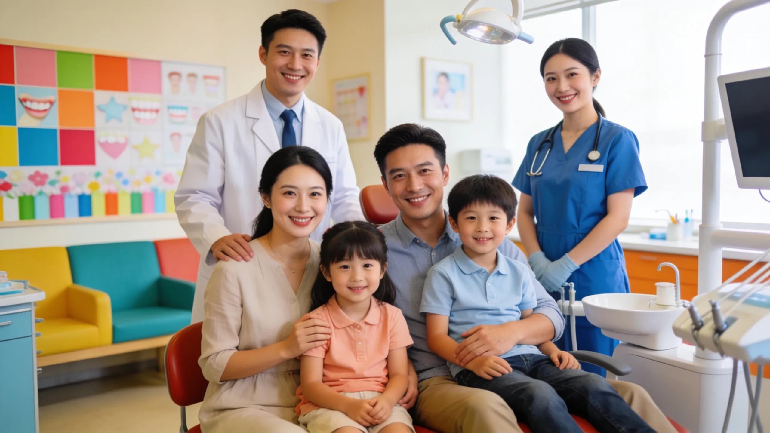 Happy family at the dentist emphasizing affordable family dental care and positive experiences
