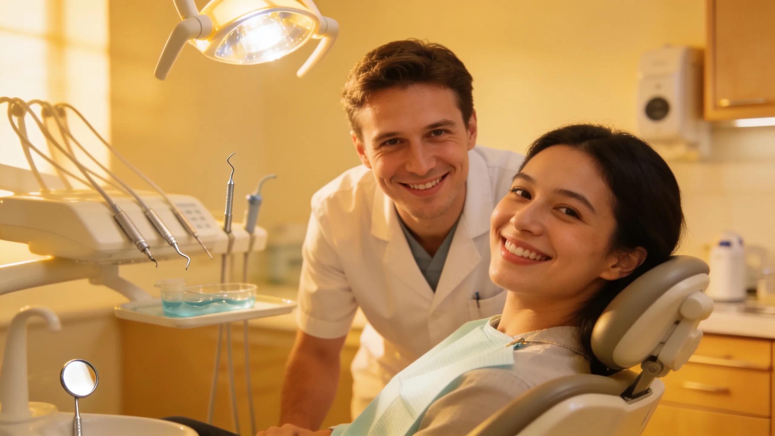 Happy patient receiving dental care with a smiling dentist, representing the importance of dental insurance for root canals.