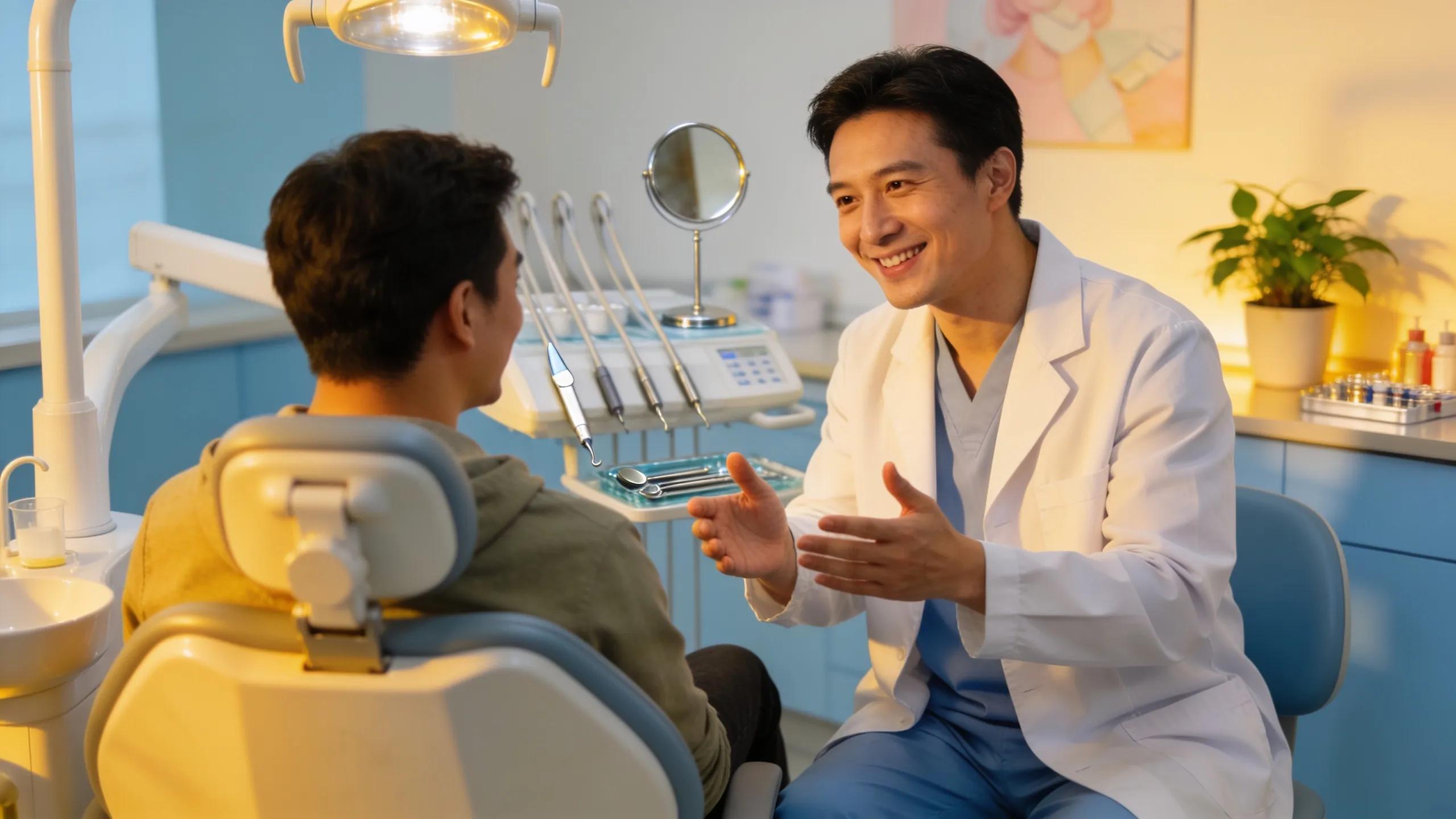 Emergency dental services consultation with a friendly dentist and patient
