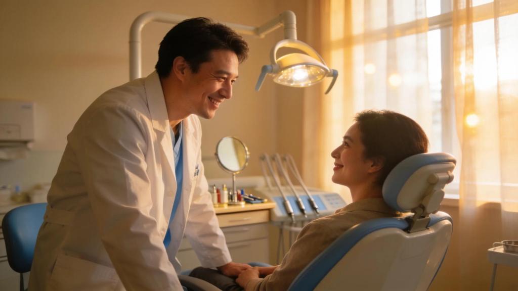 Friendly dentist assisting patient in a cozy dental clinic environment