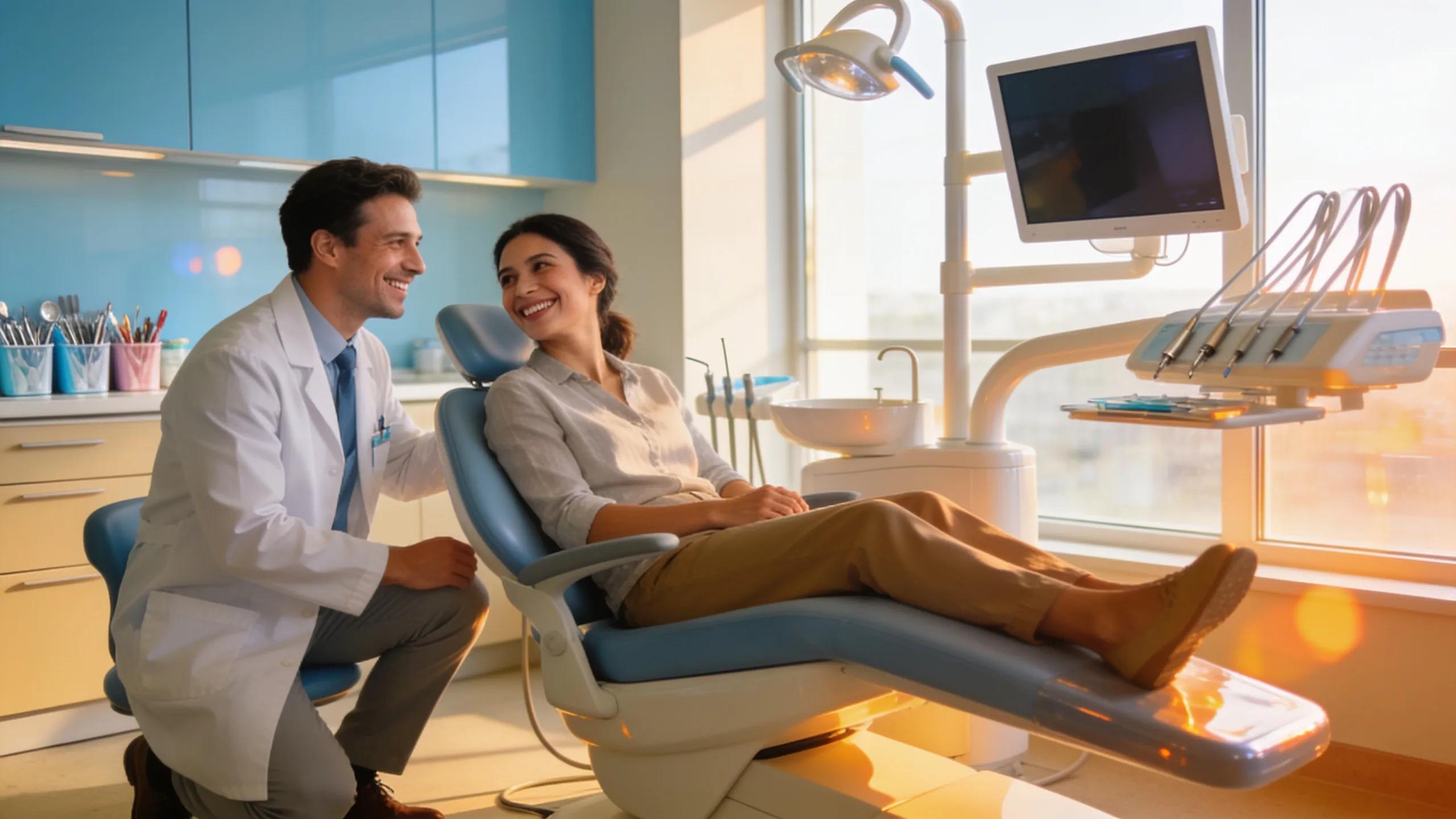 Welcoming dental clinic with dentist and patient emphasizing affordable dental care