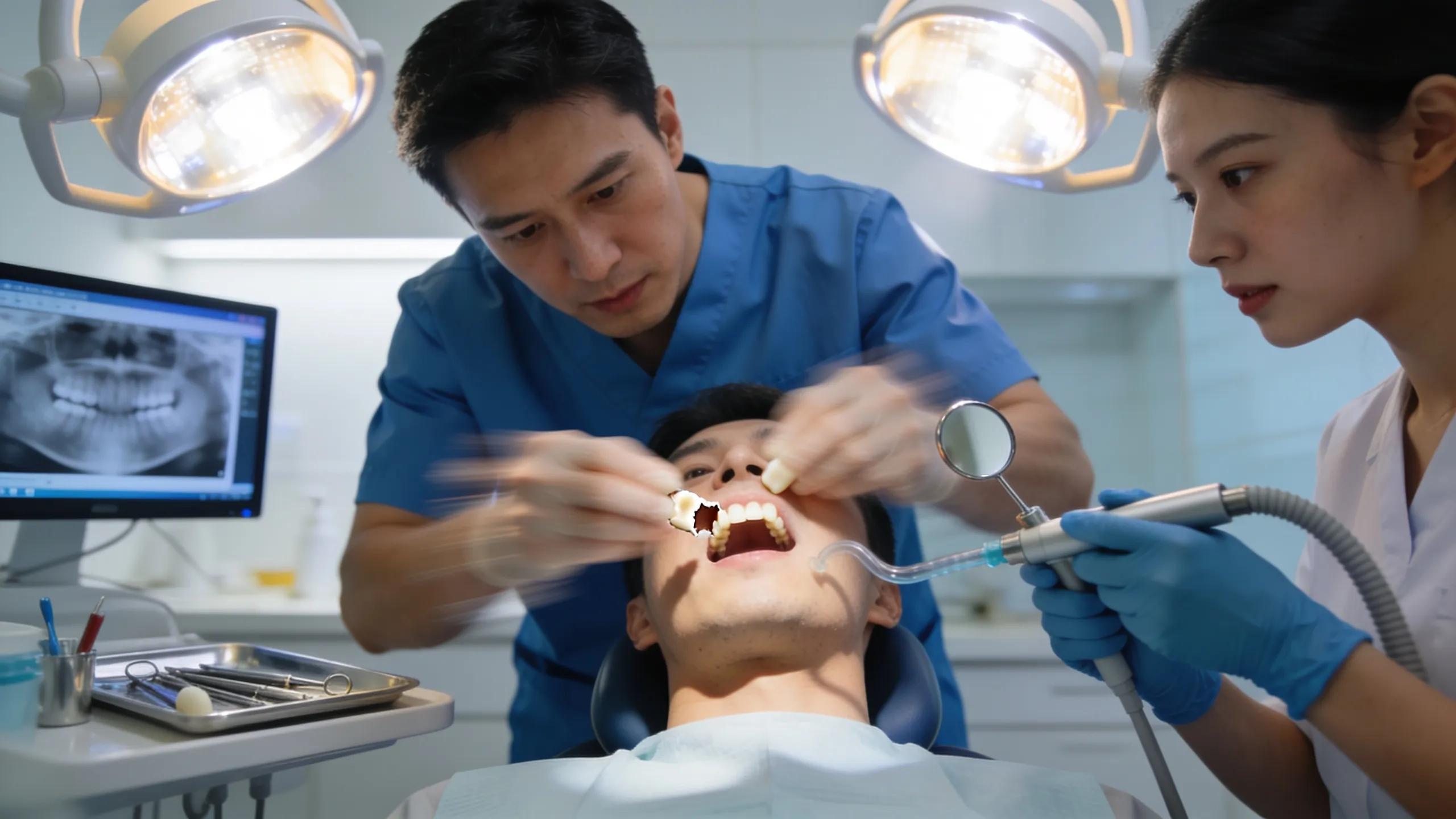 Dental team providing immediate care to a patient experiencing a dental emergency in a clinic