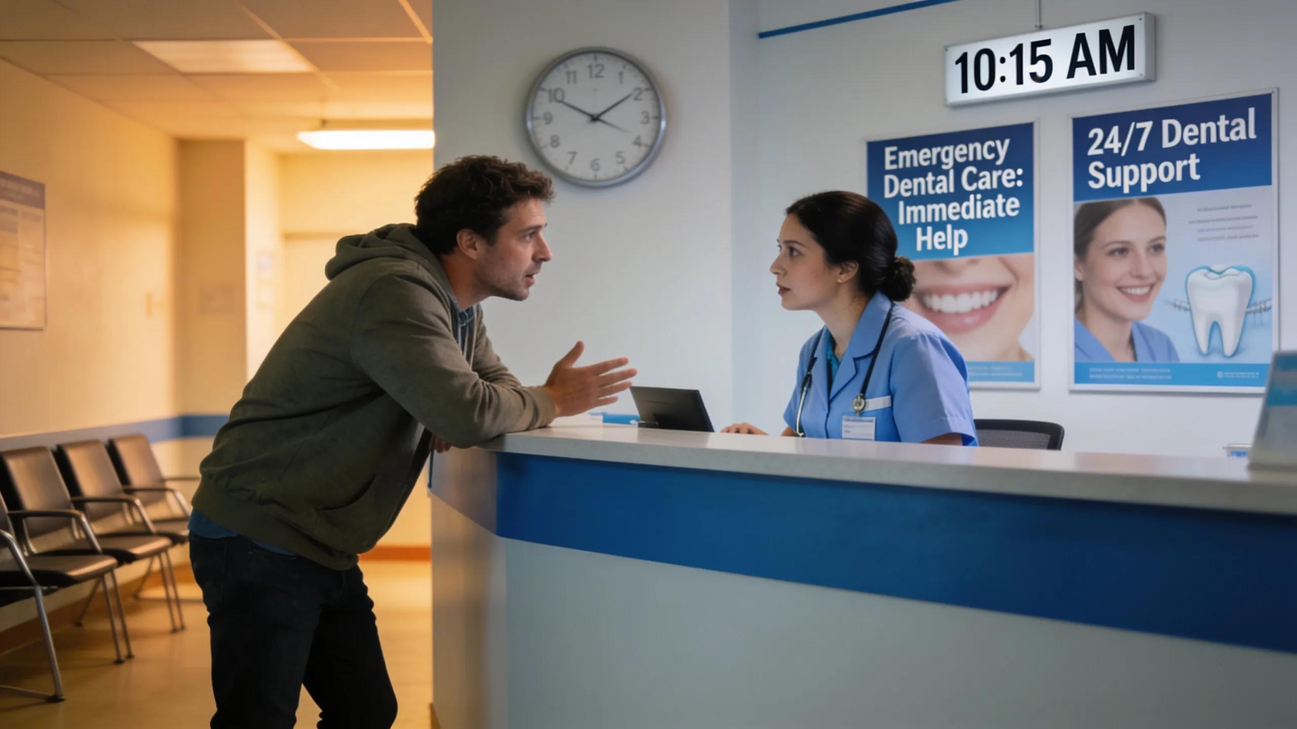 Patient accessing emergency dental assistance at a clinic highlighting urgent care