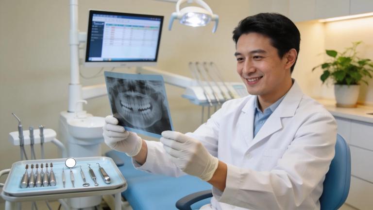 Endodontist examining dental X-ray in a calm, inviting dental office