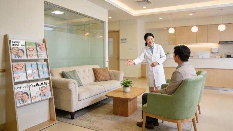 Comfortable dental clinic reception showcasing friendly staff and inviting atmosphere