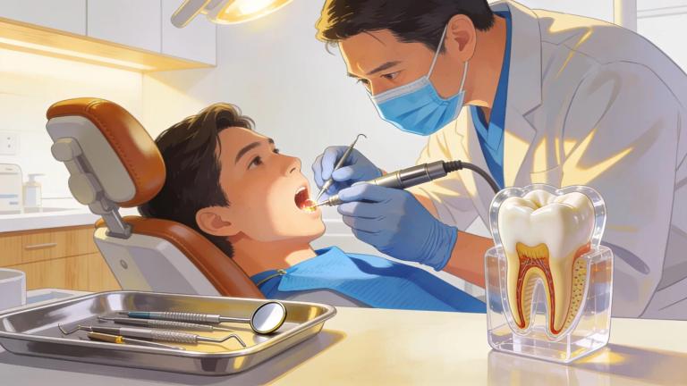 Dental clinic during root canal treatment showcasing dentist and dental tools