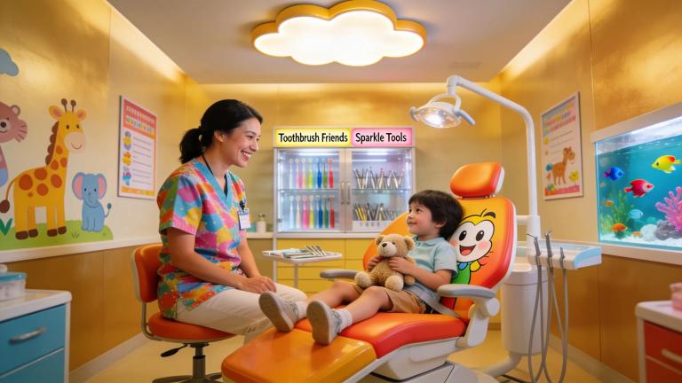Pediatric dentist engaging with a child in a colorful dental office, emphasizing a friendly dental care environment