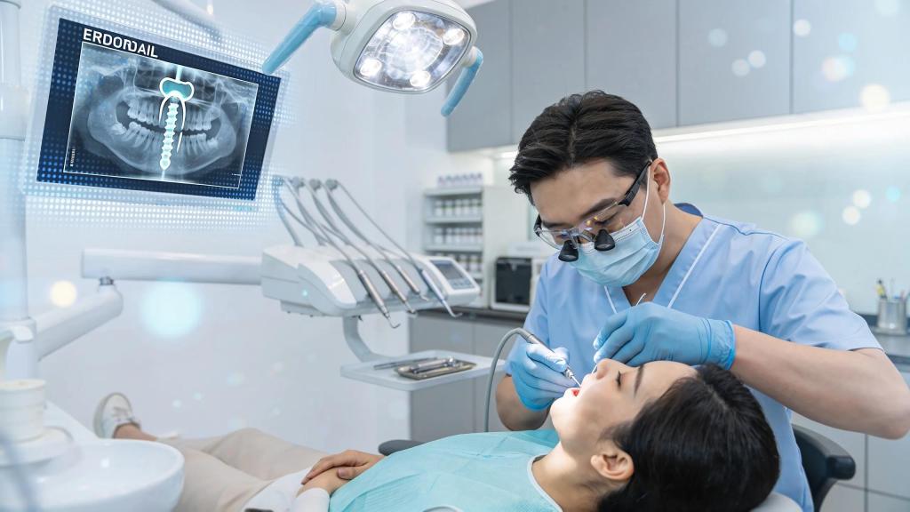 Dental professional performing surgical endodontics in a modern clinic