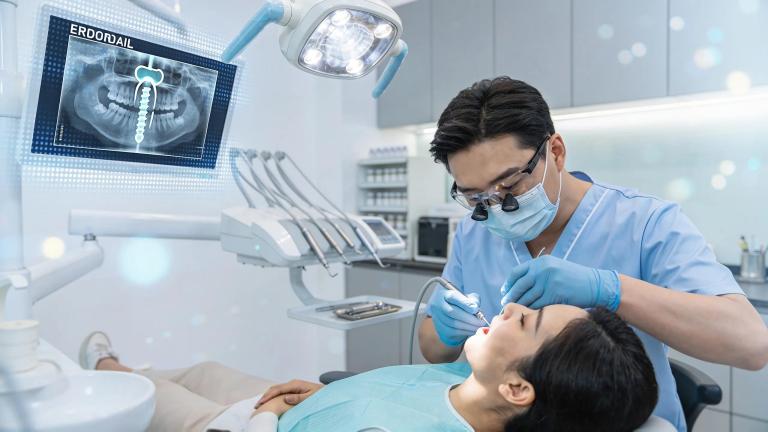 Dental professional performing surgical endodontics in a modern clinic