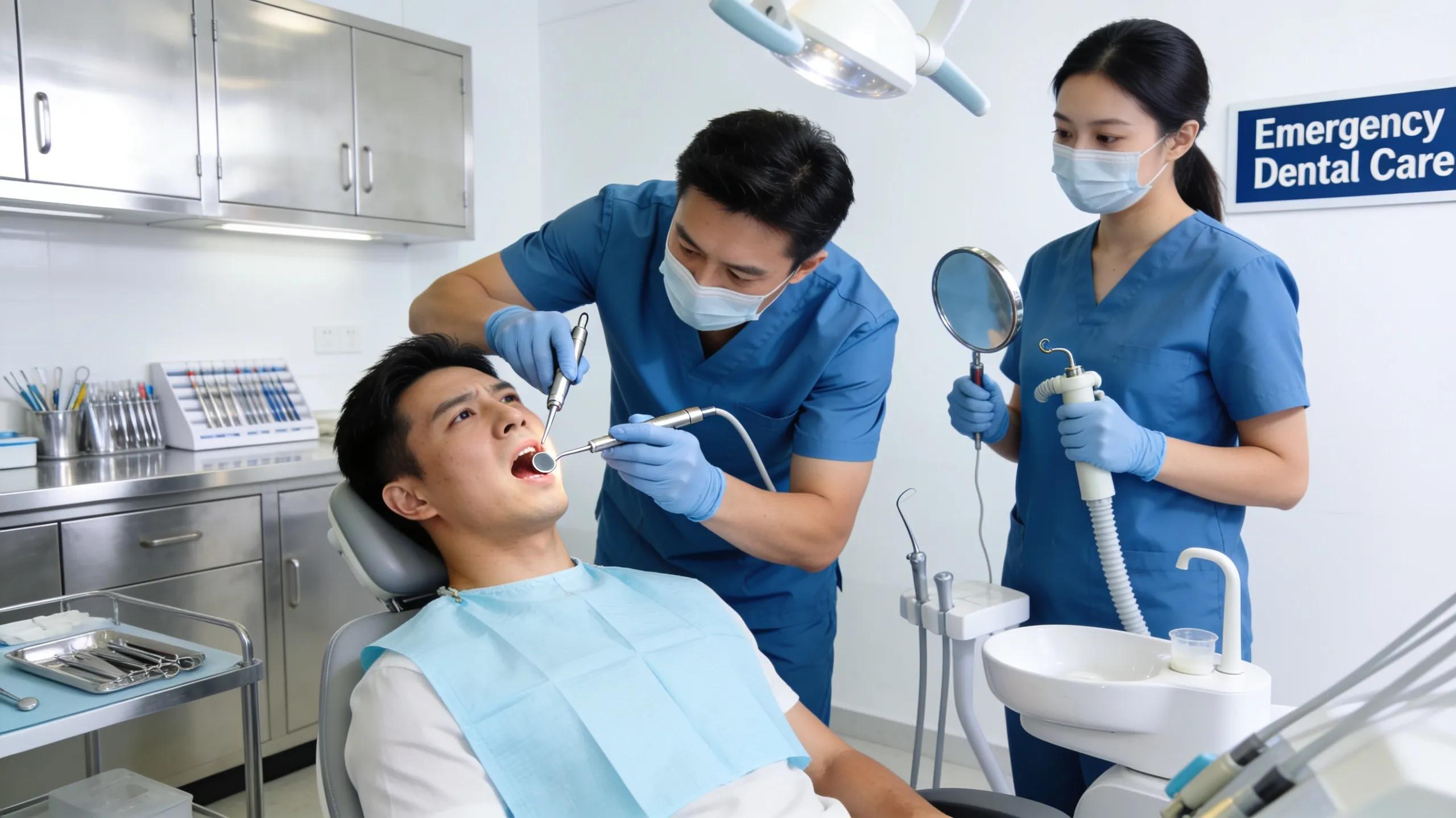Patient receiving emergency dental care from a dentist and assistant in a clinical setting