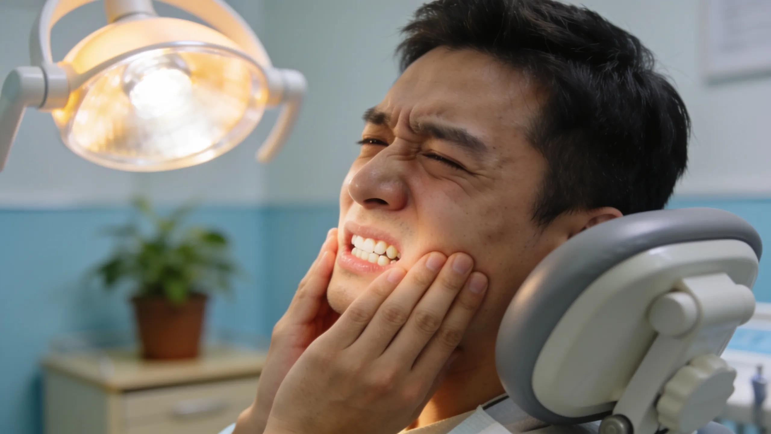 Patient indicating toothache symptoms in a dental clinic, reflecting pain from dental pulp inflammation