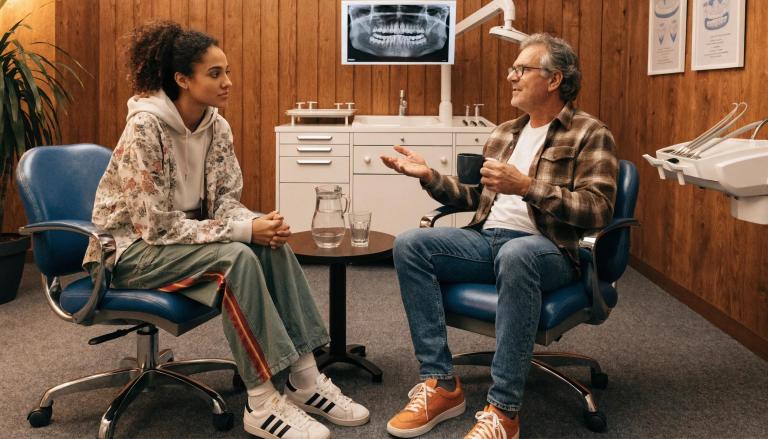 Dental office scene showcasing a dentist explaining insurance billing to a patient, embodying comfort and professionalism