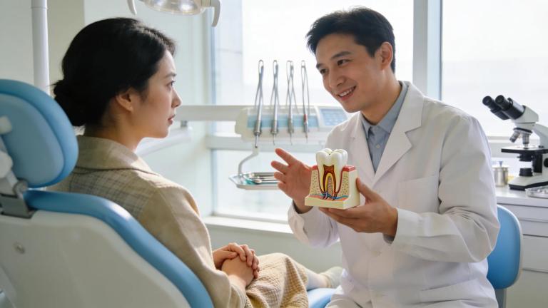 Friendly dentist explaining root canal options in a comforting endodontic office