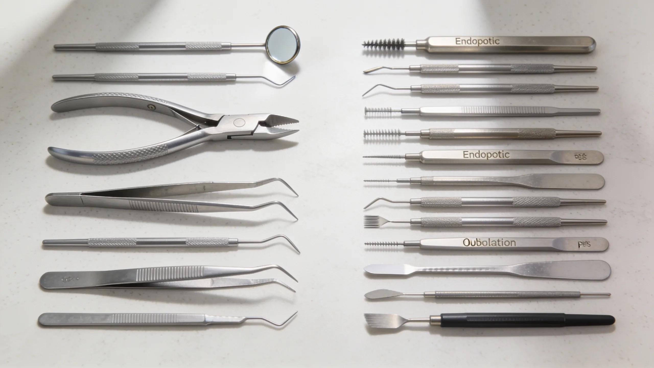 Array of dental tools illustrating the differences in treatments offered by general dentists and endodontists