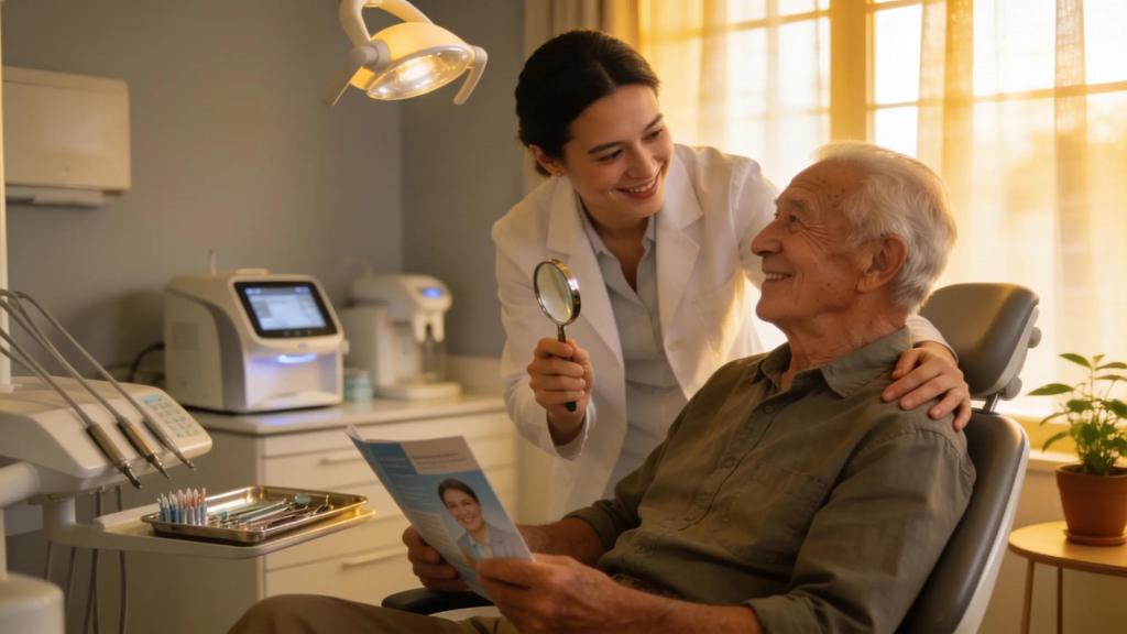 Smiling veteran in a dental office representing dental implants and care for veterans
