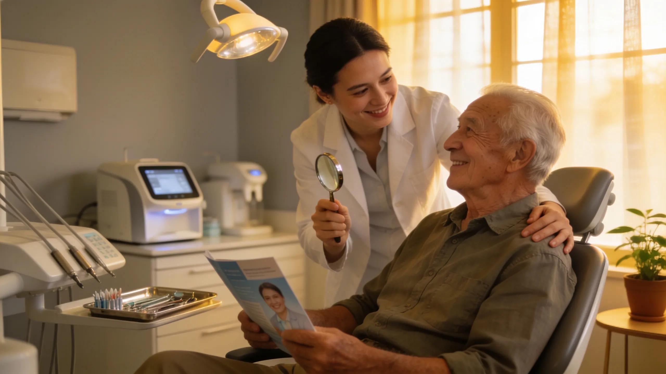 Smiling veteran in a dental office representing dental implants and care for veterans
