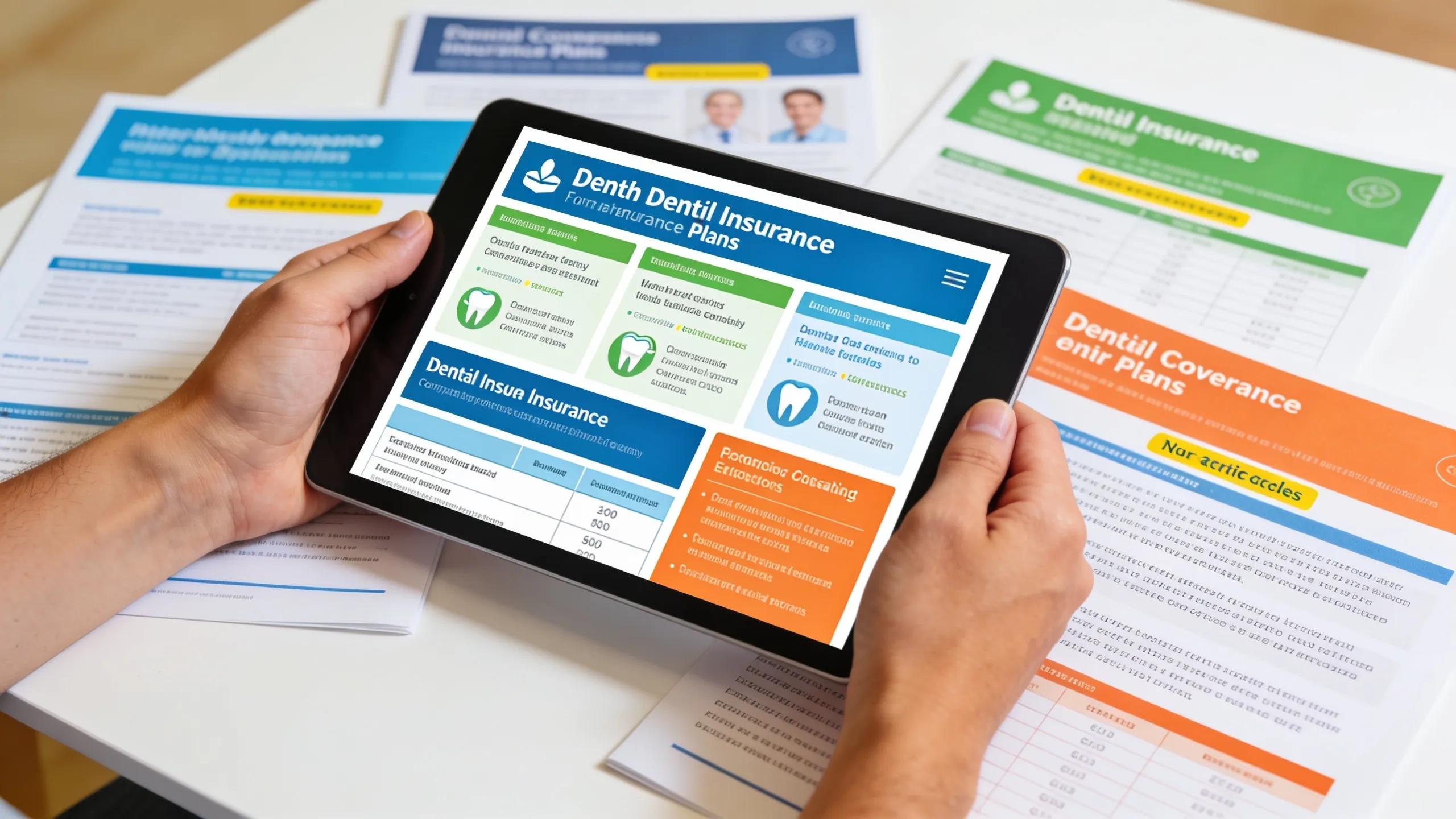 Individual comparing dental insurance plans on a tablet with brochures and documents