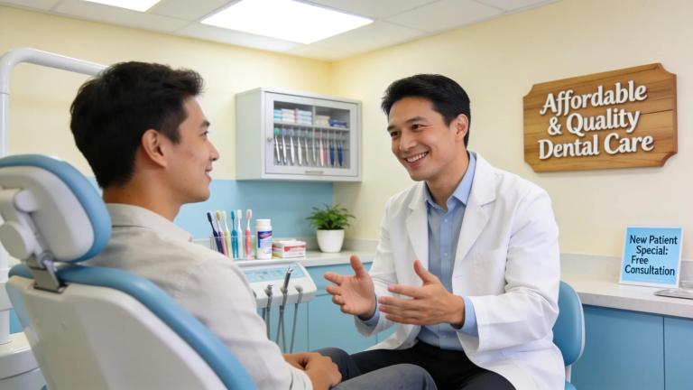 Welcoming dental clinic environment with dentist and patient highlighting affordable dental care options