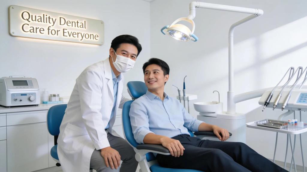 Dental clinic with a dentist interacting with a patient, symbolizing quality dental care and insurance options