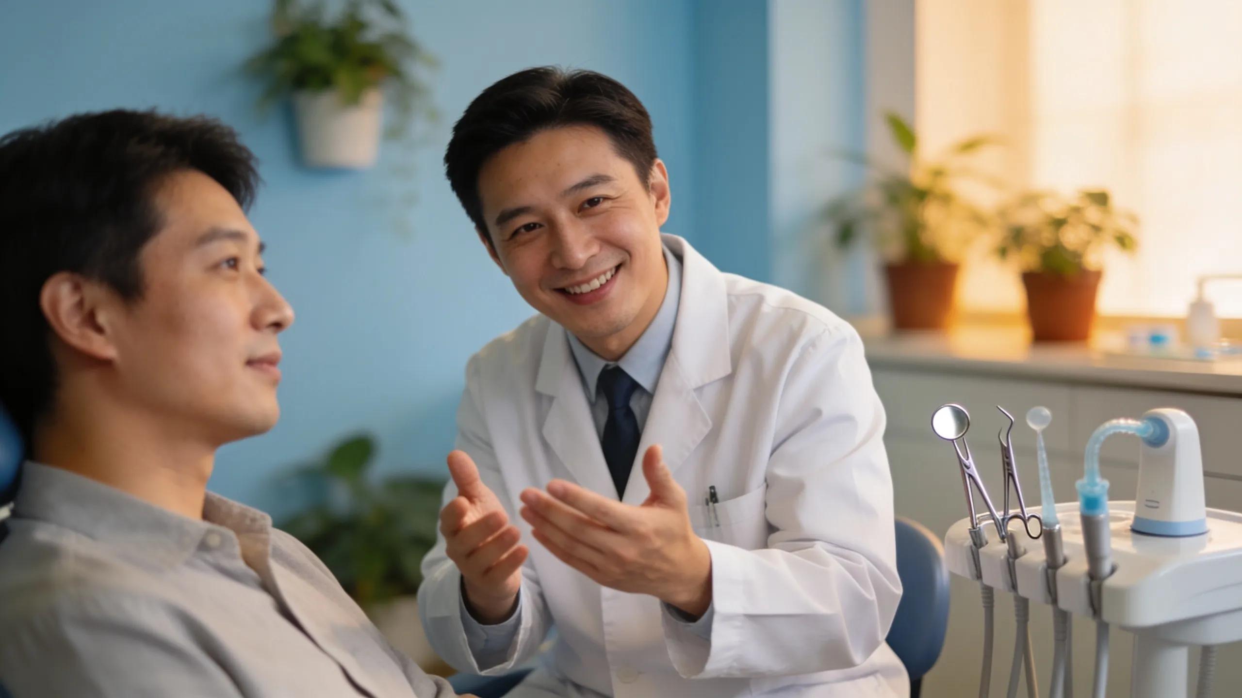 Dentist discussing wisdom teeth removal with a patient, showcasing an inviting dental office environment