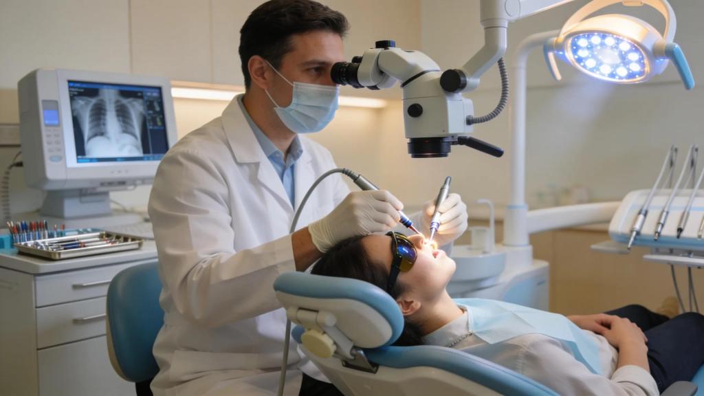 Dentist performing a root canal treatment with advanced technology in a modern dental clinic