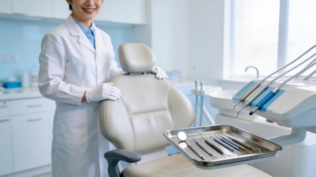 Dental office setting emphasizing oral health care with modern dental tools and a friendly dentist