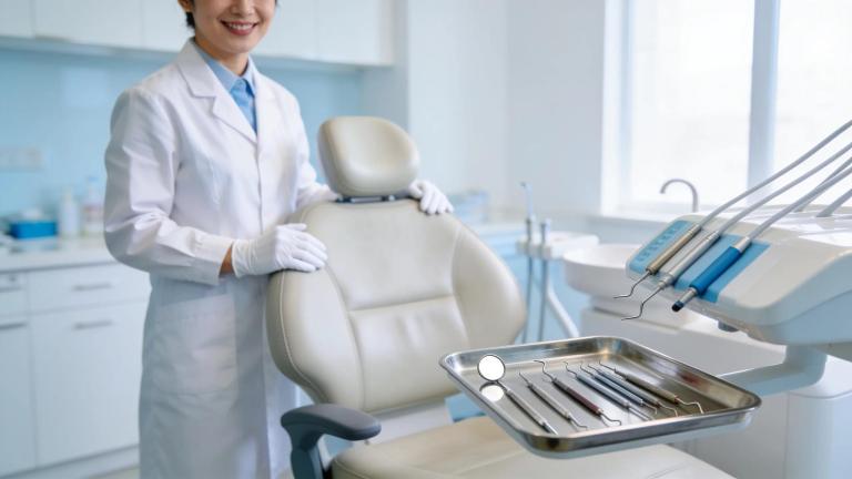 Dental office setting emphasizing oral health care with modern dental tools and a friendly dentist