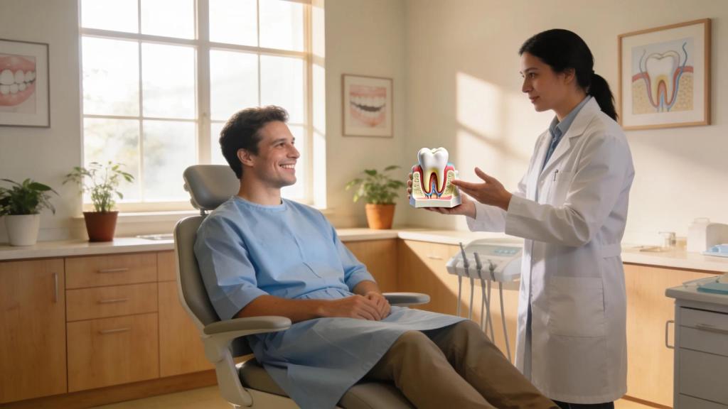 Dental office scene depicting a patient consultation for root canal therapy