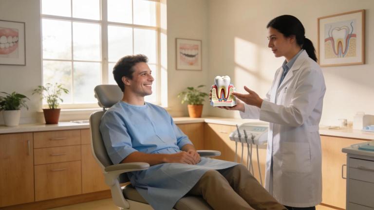Dental office scene depicting a patient consultation for root canal therapy