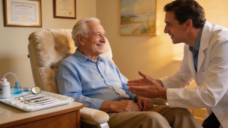 Elderly patient receiving attentive dental care in a warm clinic setting