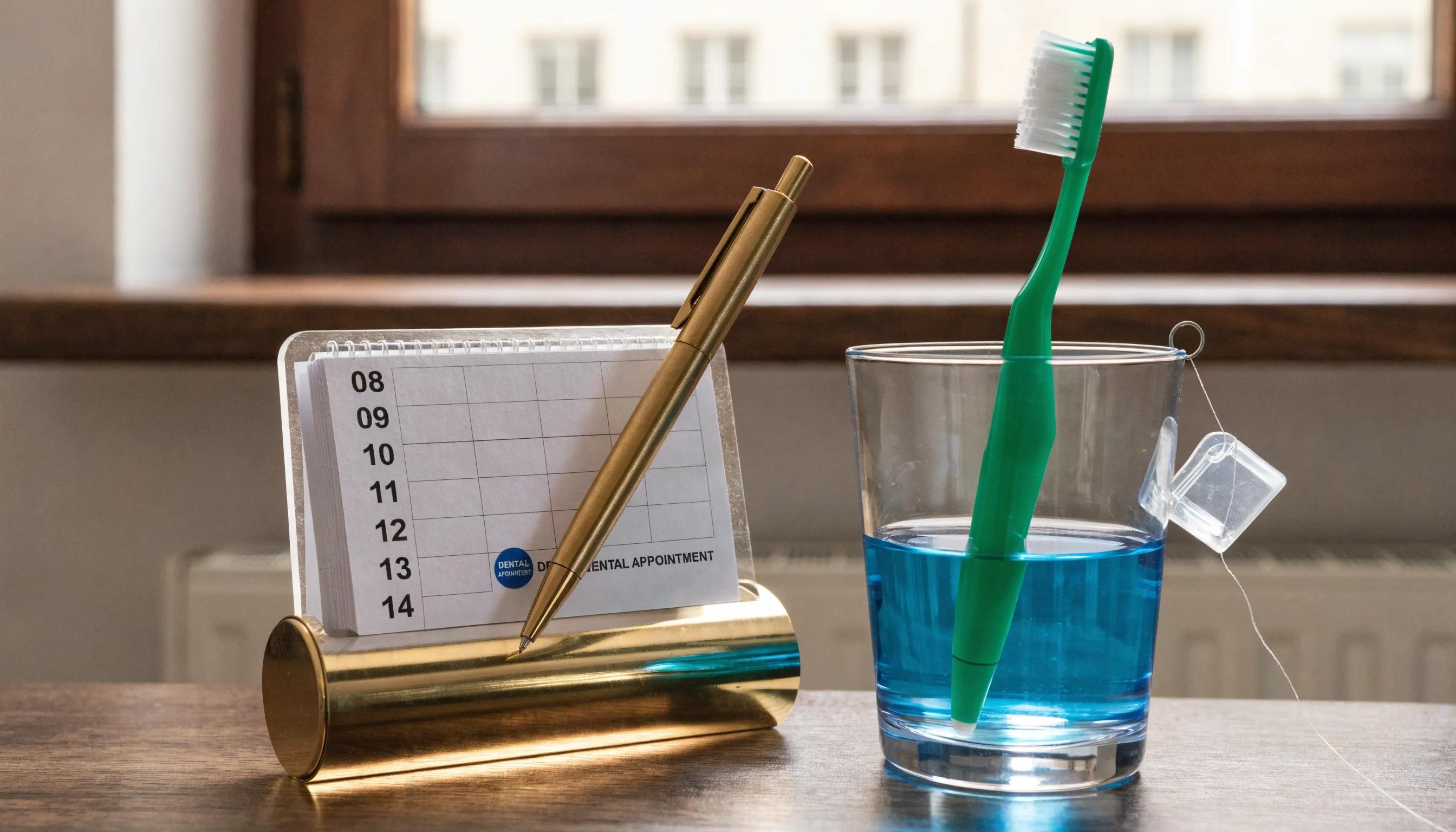 A calendar with dental appointment reminders and hygiene tools emphasizing dental care importance