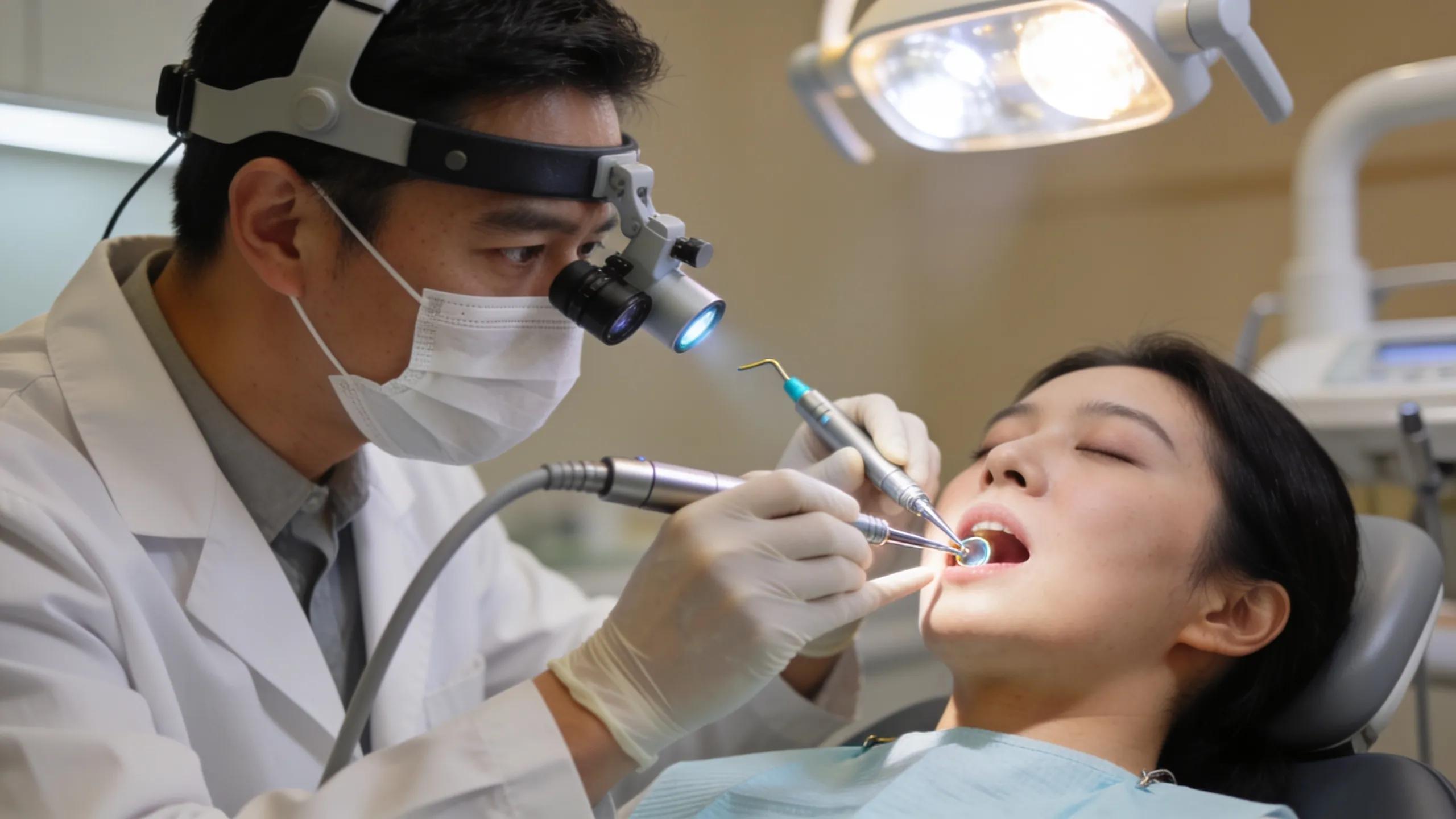 Endodontist performing a root canal on a patient with advanced dental tools