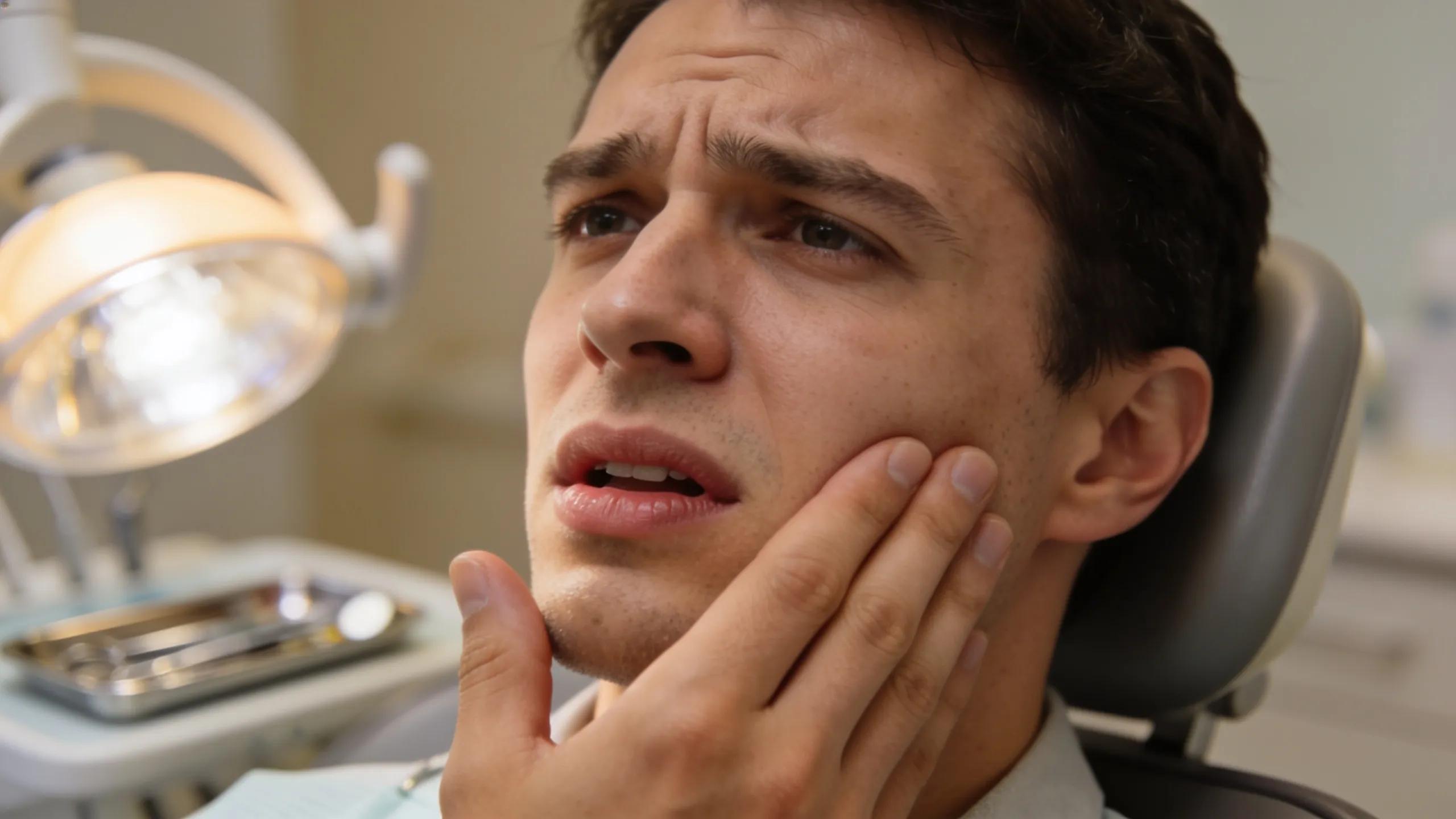Patient exhibiting signs of emergency dental discomfort in a clinic setting